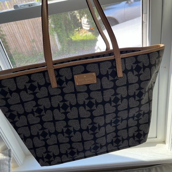 kate spade Handbags - HP • Kate Spade Monogram Spade Print Navy Blue & Cream Tote Bag